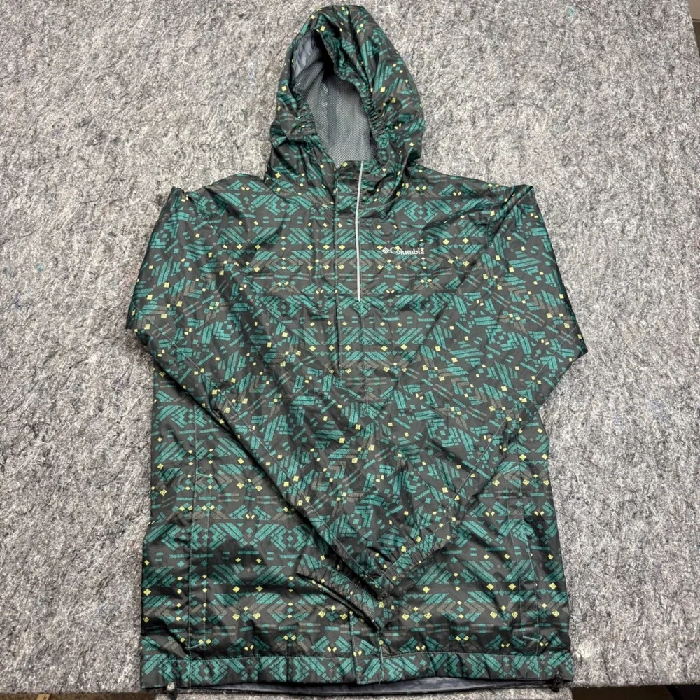Columbia Boys XL 18/20 Hooded Windbreaker Jacket Green Aztec Geometric Print
